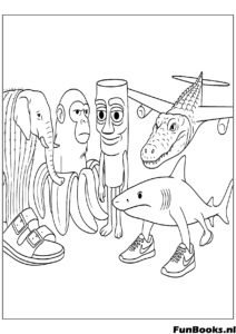 Grupo de personajes Tung Tung Sahur incluyendo el tambor de bambú tiburón y mono dibujo para colorear