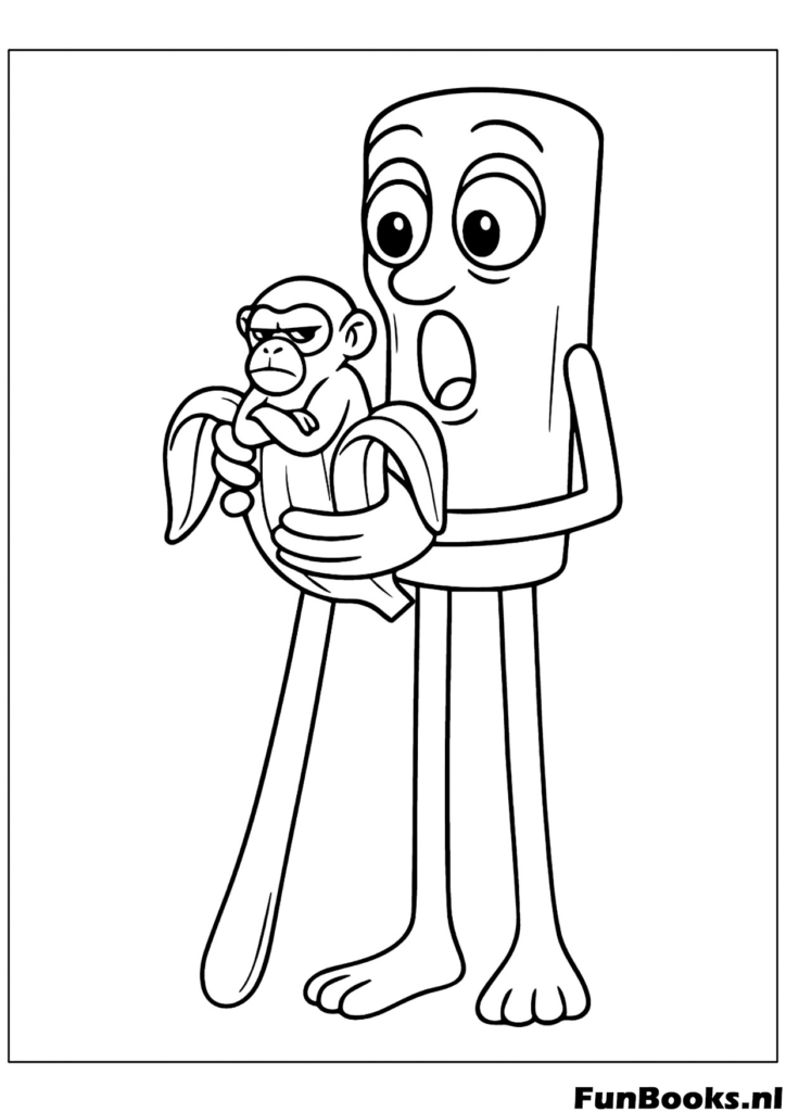 Funny scene of Tung Tung Sahur bamboo drum holding a small monkey friend viral video coloring page