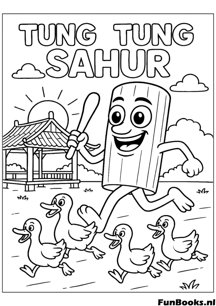 Tung Tung Sahur personage rent met een groep eenden ochtend wekroep kleurplaat