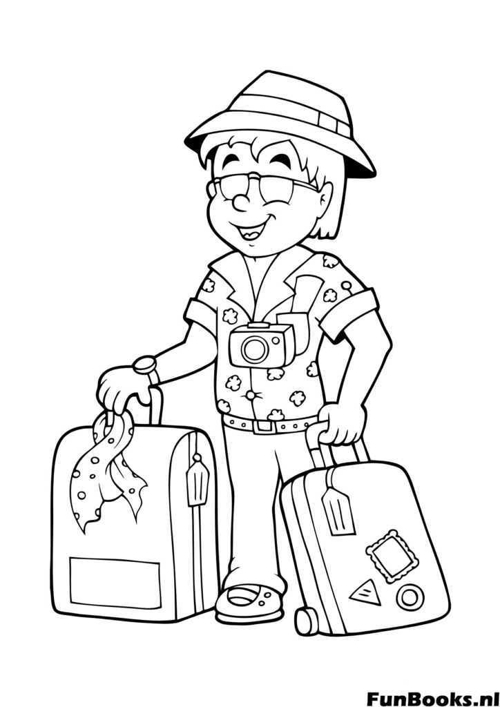 Hombre turista con equipaje listo para viaje de vacaciones de verano dibujo para colorear