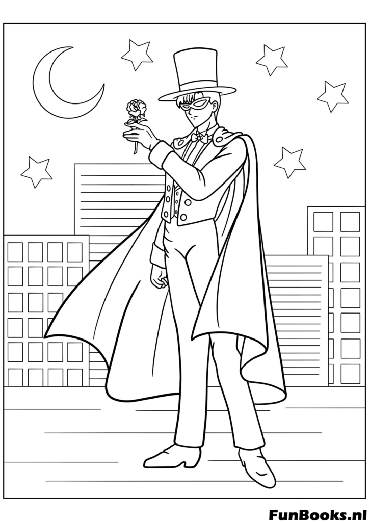 Tuxedo Mask steht heldenhaft und hält eine einzelne Rose trägt Umhang und Zylinder Ausmalbild