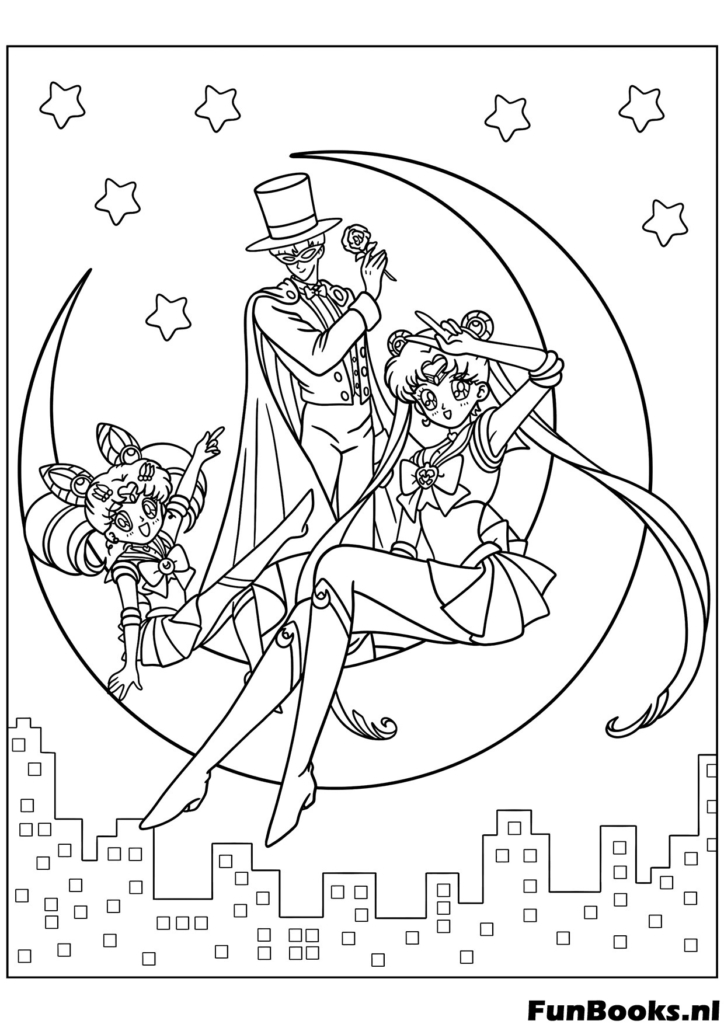 Escena romántica con Tuxedo Mask y Sailor Moon sentados juntos en la luna pareja de amor dibujo para colorear