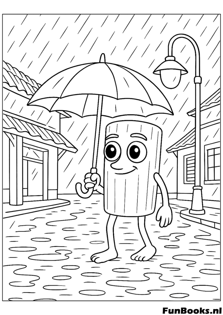 Tung Tung Sahur walking in the rain holding an umbrella atmospheric coloring page