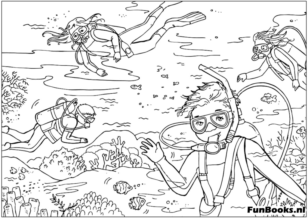 Diver exploring the underwater world with fish and coral reef adventure coloring page