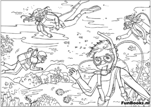 Diver exploring the underwater world with fish and coral reef adventure coloring page