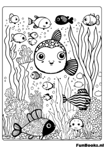 Cute fish swimming among seaweed and bubbles underwater ocean life coloring page