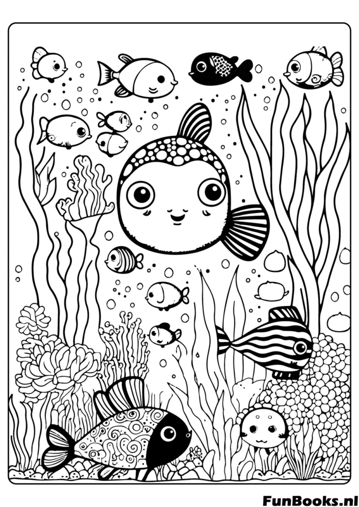 Cute fish swimming among seaweed and bubbles underwater ocean life coloring page