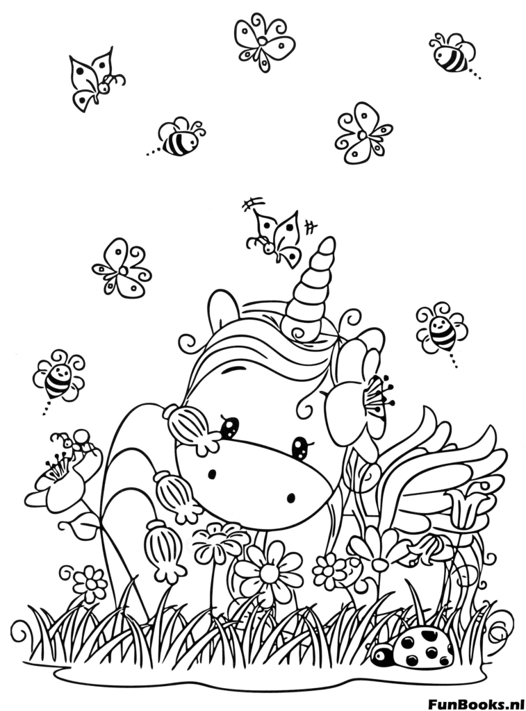 Cute unicorn lying in a flower meadow surrounded by flying butterflies coloring page