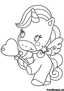 Magical unicorn holding a heart shaped wand or lollipop kawaii coloring page