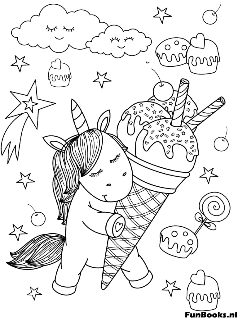 Gracioso unicornio abrazando un cono de helado de gofre gigante golosina de verano dibujo para colorear