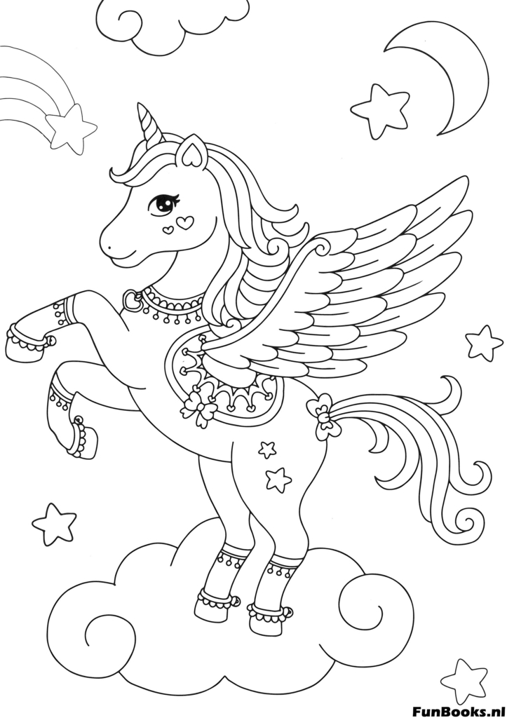 Mágico unicornio alado de pie sobre nubes suaves en el cielo dibujo para colorear