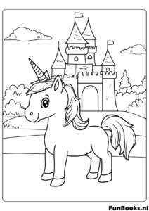 Unicornio de pie frente a un reino de castillo de cuento de hadas mágico dibujo para colorear