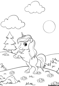 Unicornio feliz caminando en un paisaje con colinas onduladas y sol brillante dibujo para colorear