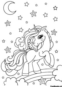 Dinámico unicornio encabritado con larga melena contra un cielo nocturno estrellado y arcoíris dibujo para colorear