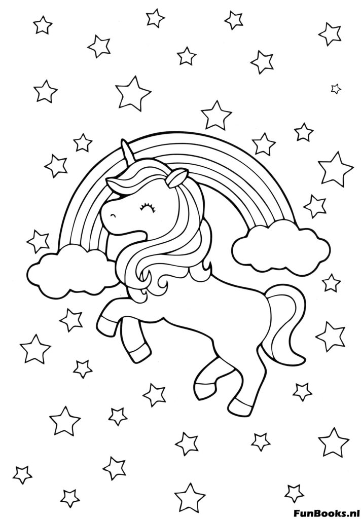 Unicornio enérgico saltando sobre un arcoíris con fondo de estrellas dibujo para colorear