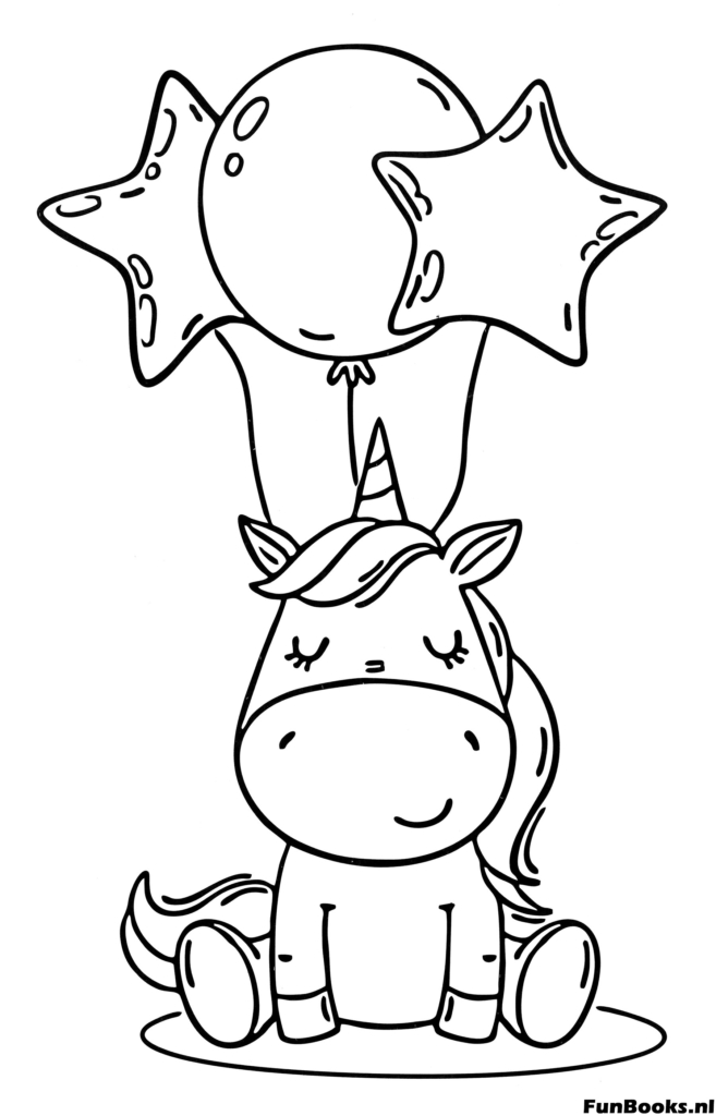 Unicornio feliz sosteniendo un ramo de globos de fiesta flotando en el aire dibujo para colorear