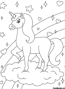 Unicornio de pie en una nube en la cima de un tobogán de arcoíris dibujo para colorear