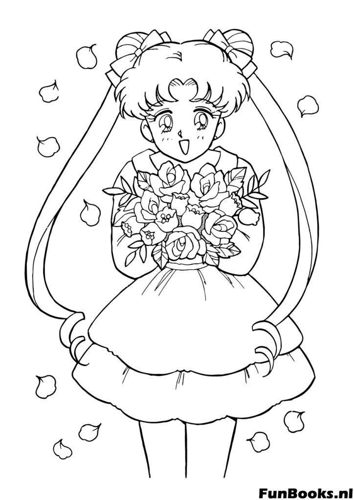 Usagi Tsukino kijkt blij en houdt een groot boeket bloemen vast romantische kleurplaat