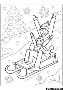 Blije vader en kind sleeën samen van een besneeuwde heuvel af familie winteractiviteit kleurplaat