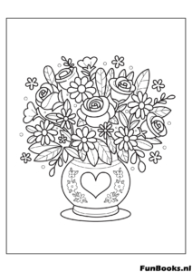Wunderschöne Vase voller Blumen mit einem Herzdesign perfekt für eine Muttertagskarte Ausmalbild