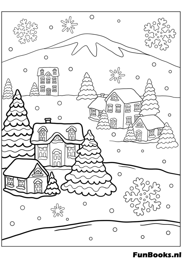 Village d'hiver pittoresque avec maisons arbres et neige tombante paysage paisible coloriage