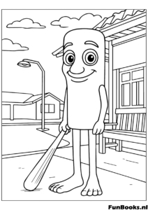 Tung Tung Sahur walking through a village with his wooden stick landscape coloring page