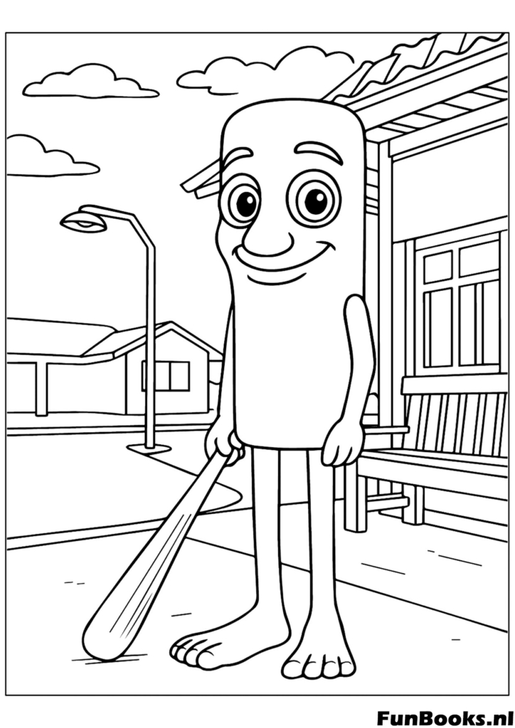 Tung Tung Sahur walking through a village with his wooden stick landscape coloring page