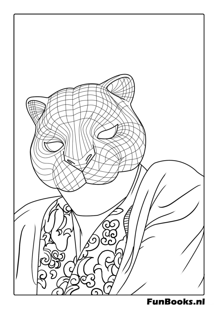 Un des riches VIP portant un masque d'animal doré et un costume regardant les jeux Squid Game coloriage