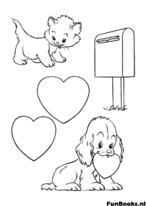 Süßer Welpe Hund steckt einen Liebesbrief in den Briefkasten Freundschaft Ausmalbild