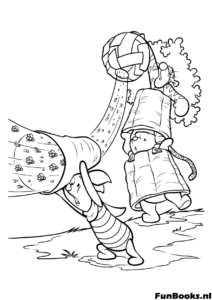 Winnie tenant un ballon avec un Porcinet effrayé et tremblant accroché à sa jambe dessin animé drôle coloriage