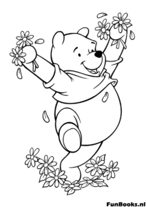 Heureux ours Winnie dansant joyeusement entouré de fleurs de printemps épanouies et nature coloriage