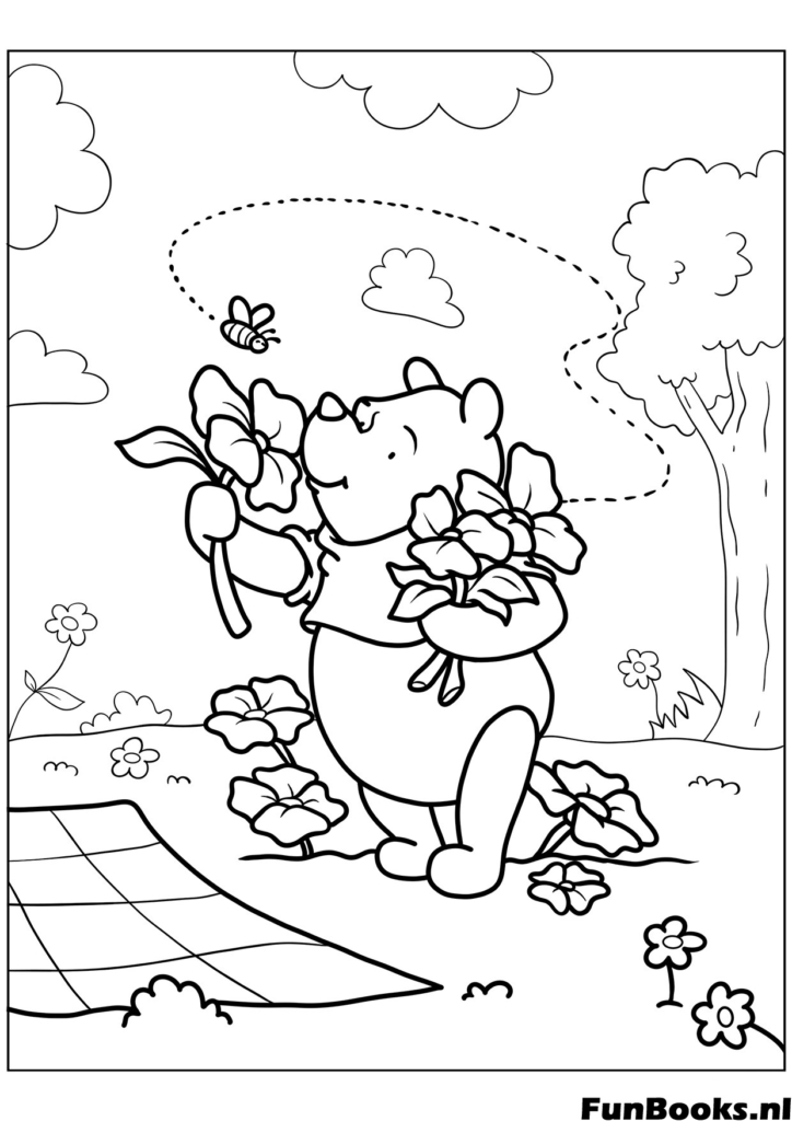 Disney's Winnie de Poeh houdt een boeket lentebloemen vast in een weide kleurplaat