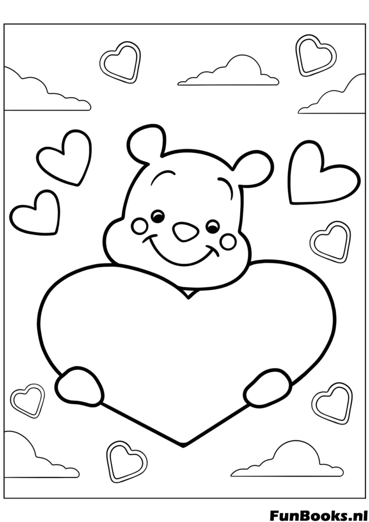 Winnie the Pooh de Disney abrazando un corazón gigante lindo personaje dibujo para colorear para amistad y amor