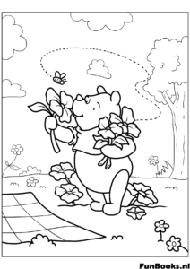 Disney's Winnie the Pooh holding a bouquet of spring flowers in a meadow coloring page