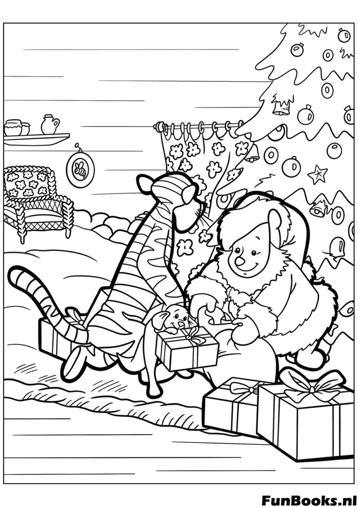 Fröhlicher Winnie Puuh Tigger und Ferkel öffnen Weihnachtsgeschenke unter dem Baum festliches Ausmalbild