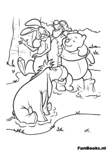 Curieux Winnie l'Ourson observant une petite grenouille avec Bourriquet et Coco Lapin dans le jardin nature coloriage