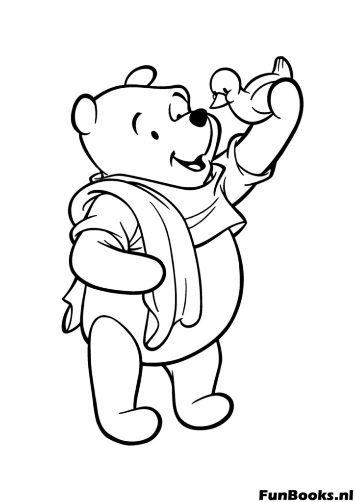 Doux Winnie l'Ourson tenant un petit oiseau mignon sur sa main nature et animaux coloriage