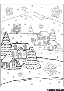 Scenic winter village with houses trees and falling snow peaceful landscape coloring page