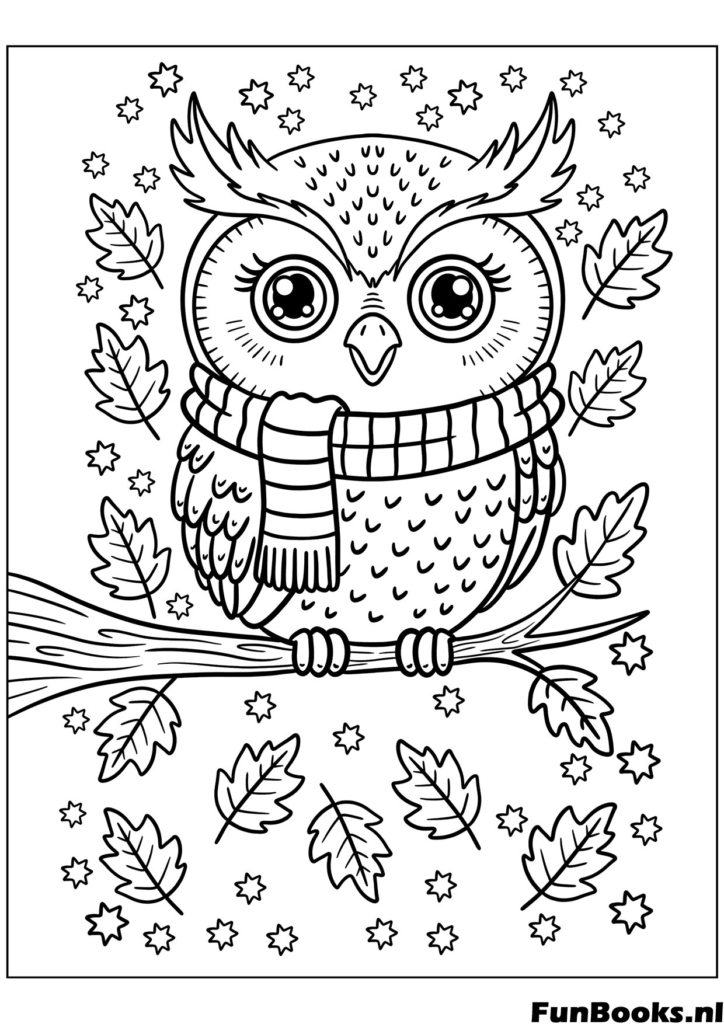 Cute owl wearing a warm scarf sitting on an oak branch with acorns fall coloring page