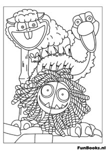 Yarnaby staand boven een vernielde DogDay knuffel in de fabriek kleurplaat