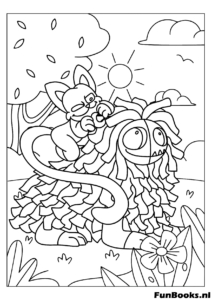 Monstruo Yarnaby caminando afuera cerca de árboles y arbustos dibujo para colorear