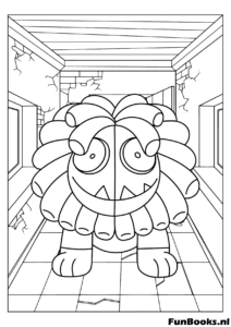 Géant Yarnaby monstre lion marchant dans un couloir d'usine abandonnée coloriage