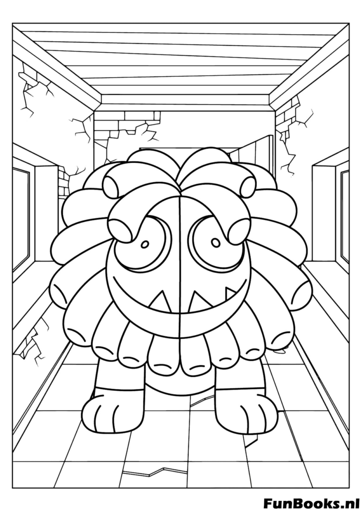 Géant Yarnaby monstre lion marchant dans un couloir d'usine abandonnée coloriage
