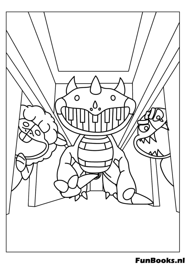 Yarnaby le monstre lion en fil poursuivant dans un couloir étroit coloriage