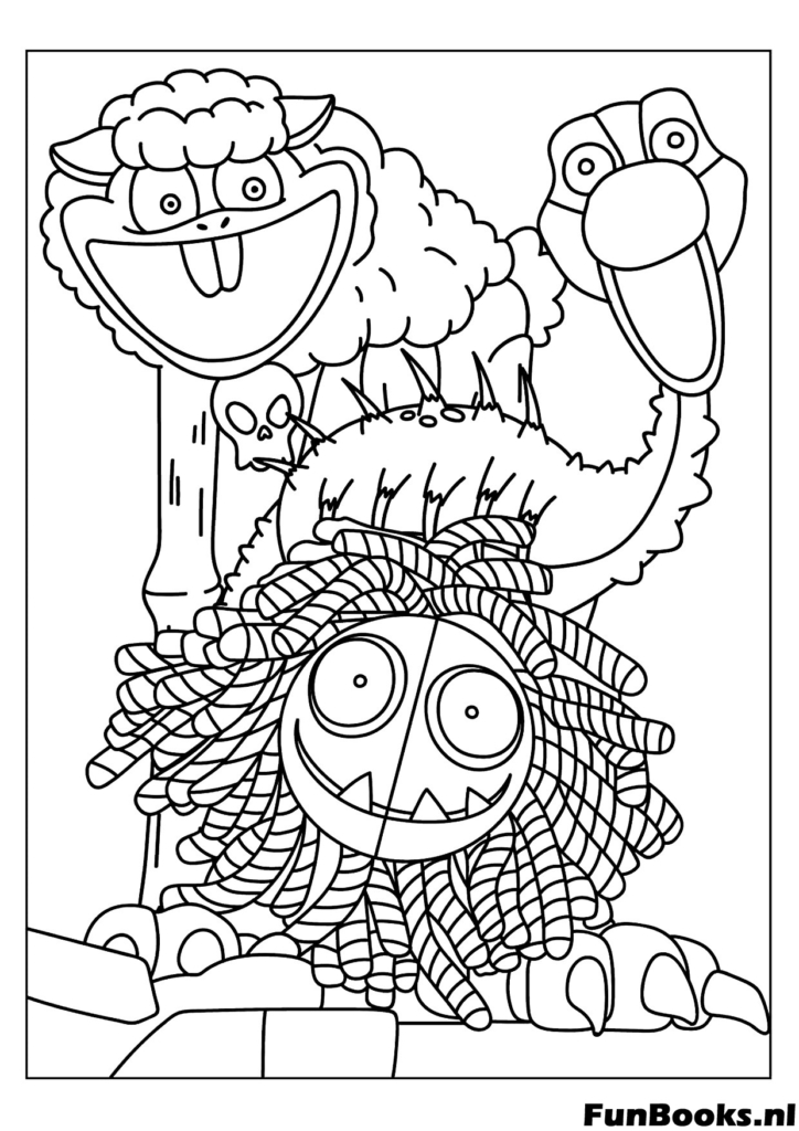 Yarnaby de pie sobre un peluche DogDay arruinado en la fábrica dibujo para colorear