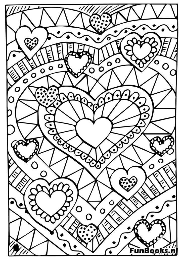 Volledige pagina patroon van verschillende zentangle harten anti-stress kleurplaat voor volwassenen en oudere kinderen