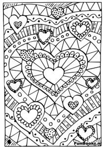 Full page pattern of various zentangle hearts stress relief coloring page for adults and older kids