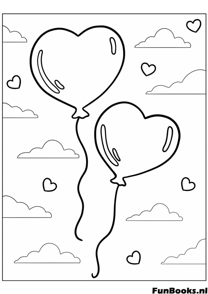 Einfache Zeichnung von zwei Herzballons die im Himmel schweben mit Wolken einfaches Ausmalbild für Kleinkinder